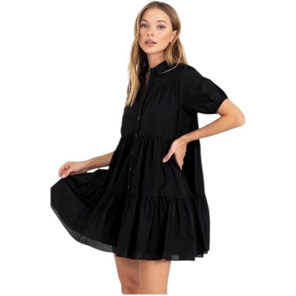 HYFVE Black Button-Up Mini Dress Collared - Picture 1 of 10